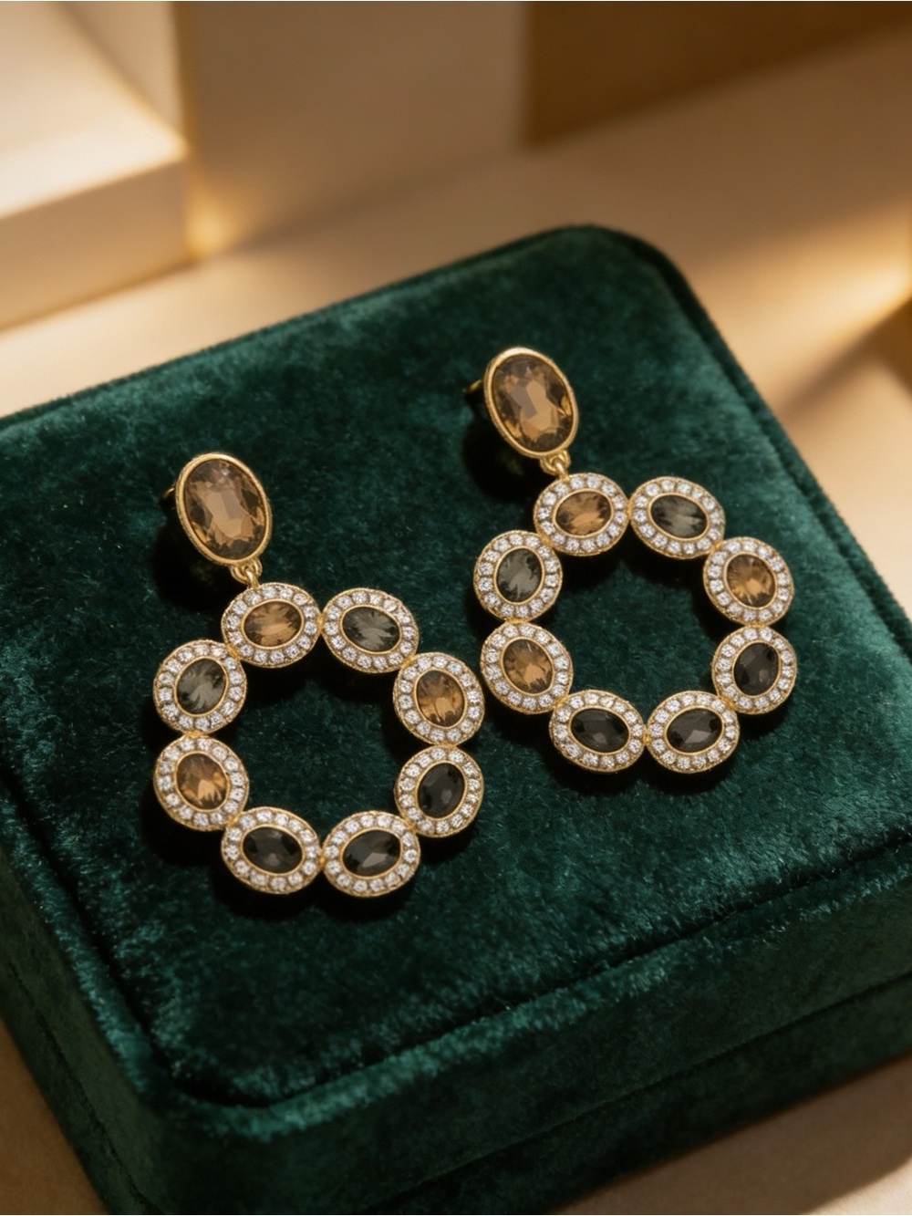 Elegant Smoky Quartz Crystal Halo Wreath Drop Earrings - Gold Tone